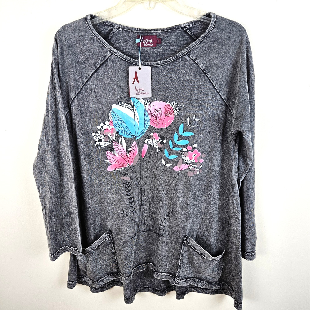 Avani Del Amour pullover Top Womens S Gray Boho Gypsy Pockets 3/4 sleeve